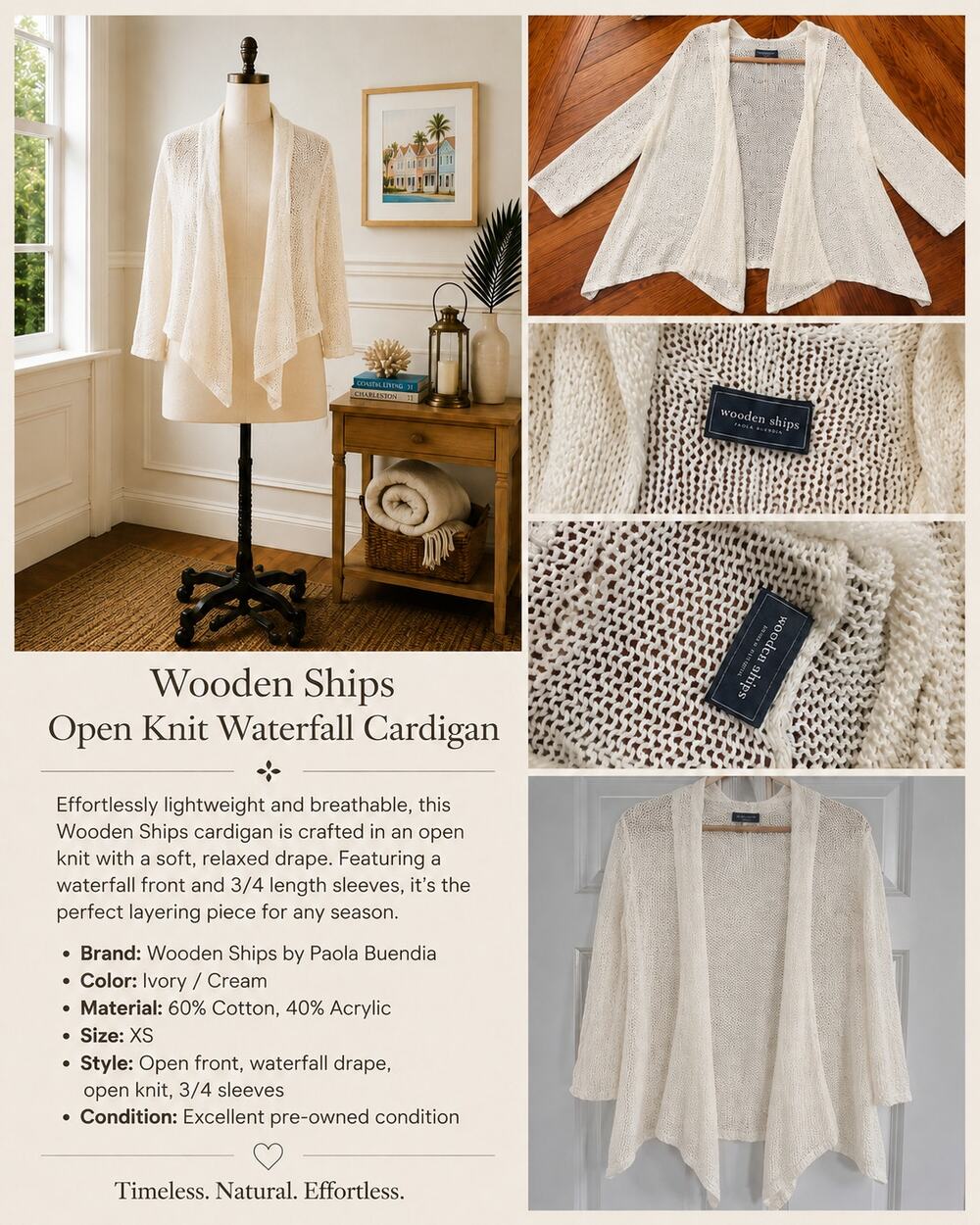Wooden Ships Ivory Open-Knit Waterfall Boho Coastal Cardigan Size XS Retail $148